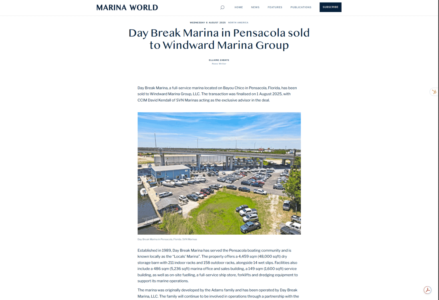 Aerial view of Day Break Marina in Pensacola, Florida, showing dry storage racks, wet slips, and marina facilities