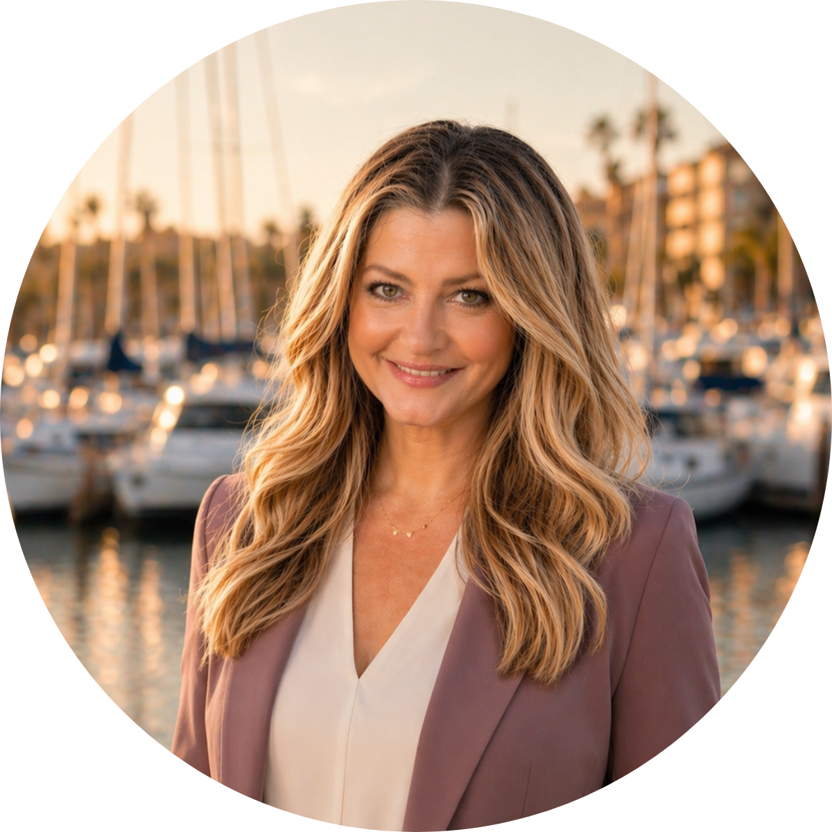 Professional headshot of Stacey Schramm, Marketing Director at SVN Marinas, standing in front of a marina with boats at sunset