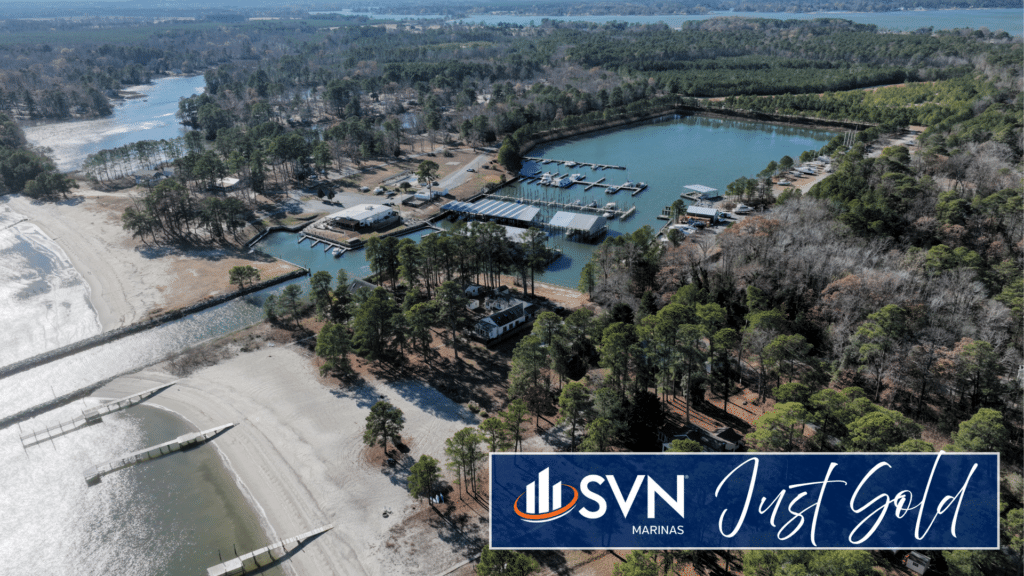 Aerial view of Coles Point Marina & RV Resort on the Potomac River, showcasing the marina, RV accommodations, waterfront amenities, and surrounding 335-acre property featured in the Coles Point Marina & RV Resort sale by SVN Marinas.