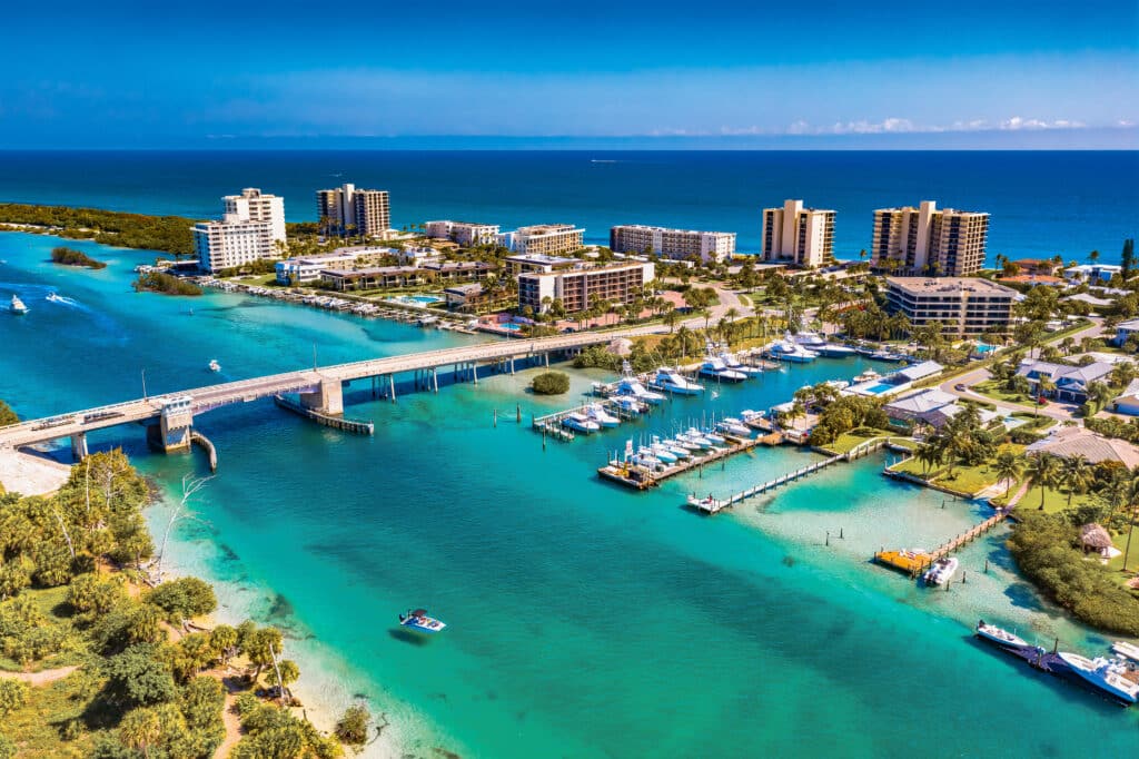 Wet slips at a waterfront marina with in-water boat dockage and slips along the Intracoastal waterway