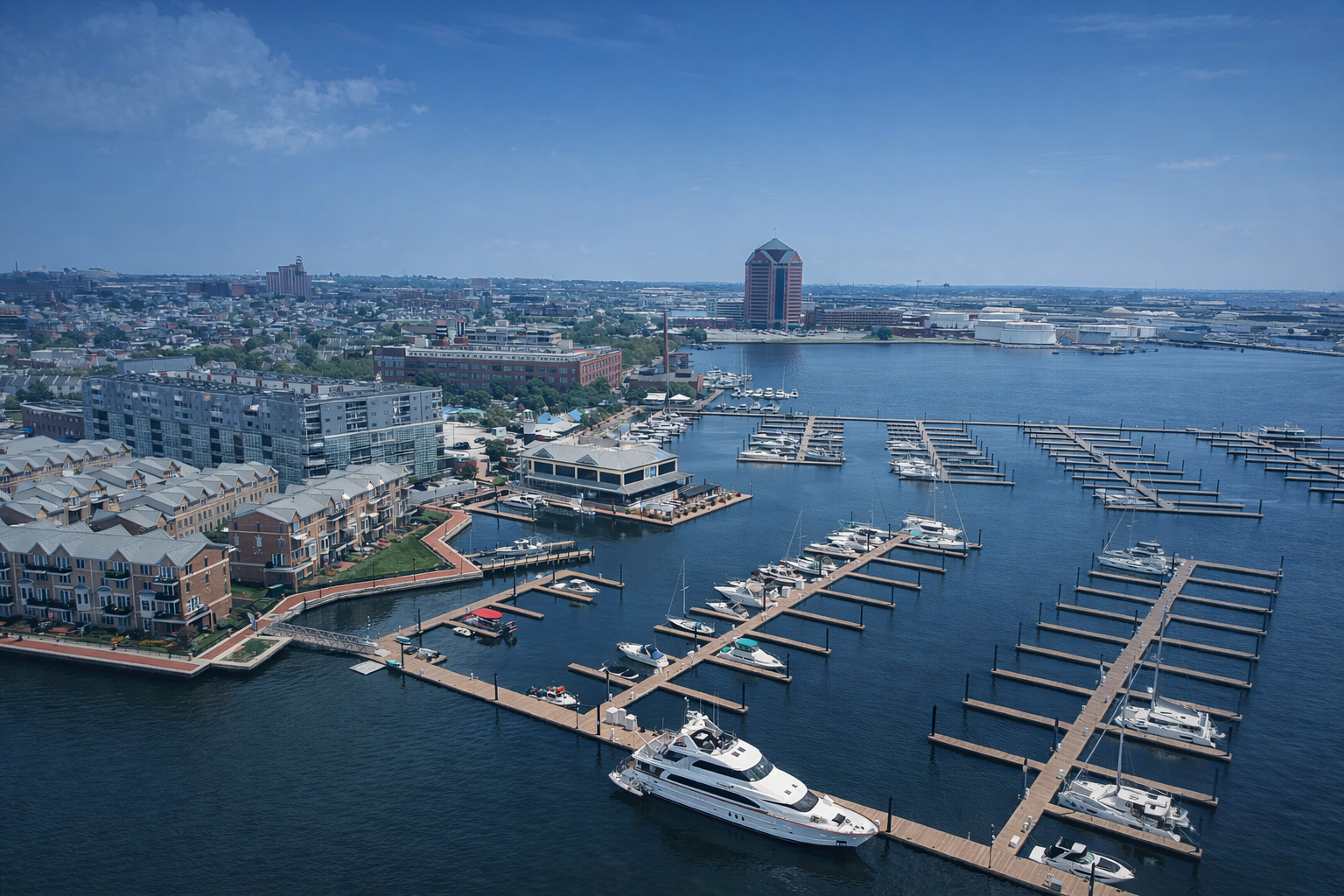 Aerial view of Lighthouse Point Marina in Baltimore, Maryland featuring boat slips, marina docks, and waterfront development along Baltimore Harbor.