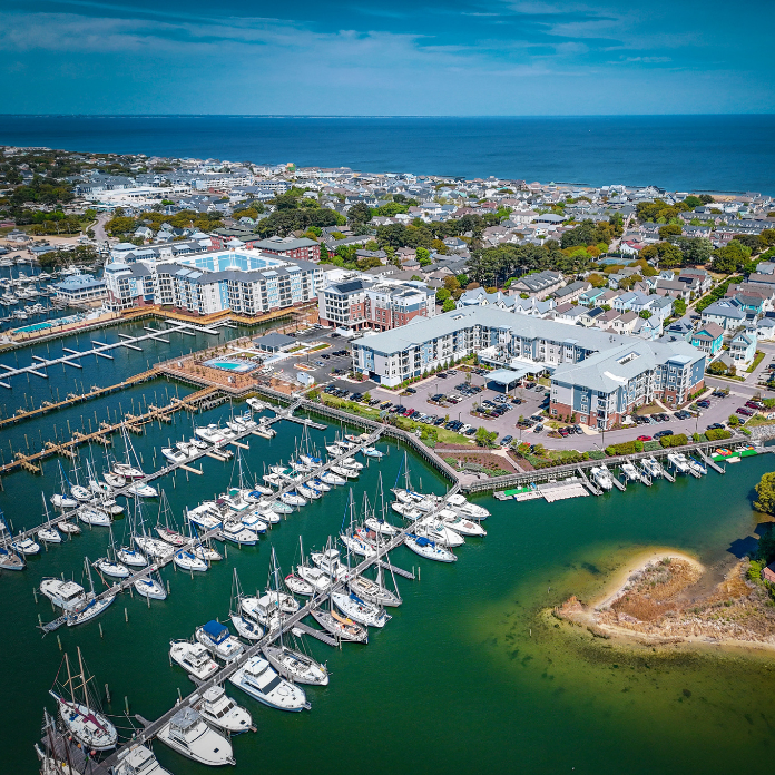 Aerial view of Little Creek Marina in Norfolk Virginia with boat slips and waterfront residential development