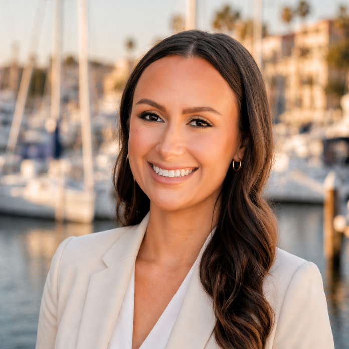 Hanna Millette, Senior Advisor at SVN Marinas, smiling in a professional headshot with a waterfront marina and docked boats in the background.