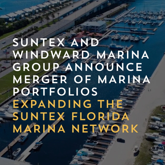 Aerial view of a Florida marina with boat slips and bridge, highlighting Suntex and Windward Marina Group portfolio merger