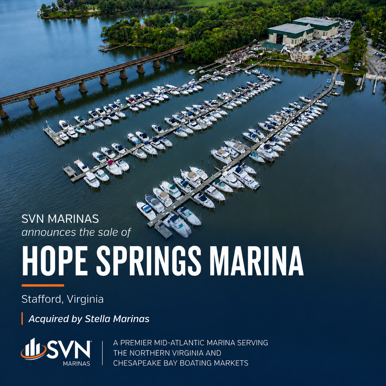 Promotional graphic announcing the sale of Hope Springs Marina in Stafford, Virginia, featuring an aerial view of the full-service marina on Aquia Creek with multiple boat slips, marina facilities, and Chesapeake Bay waterfront access.