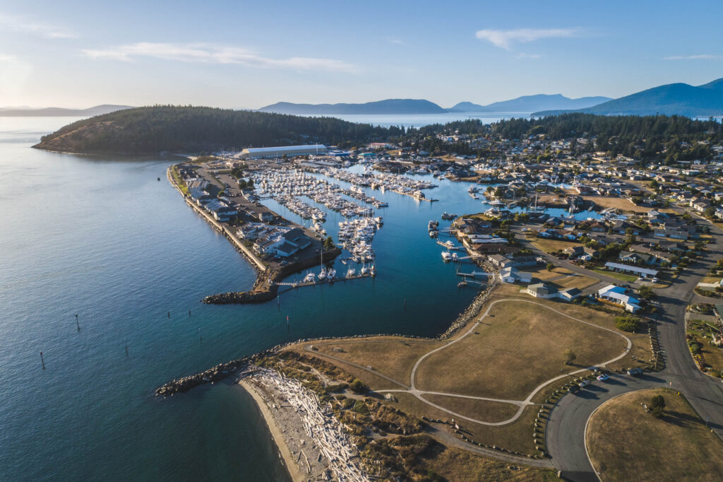 Aerial view of Skyline Marine Center in Anacortes, Washington, following its successful acquisition by SVN Marinas, featuring wet slips, dry boat storage, and marine service facilities.