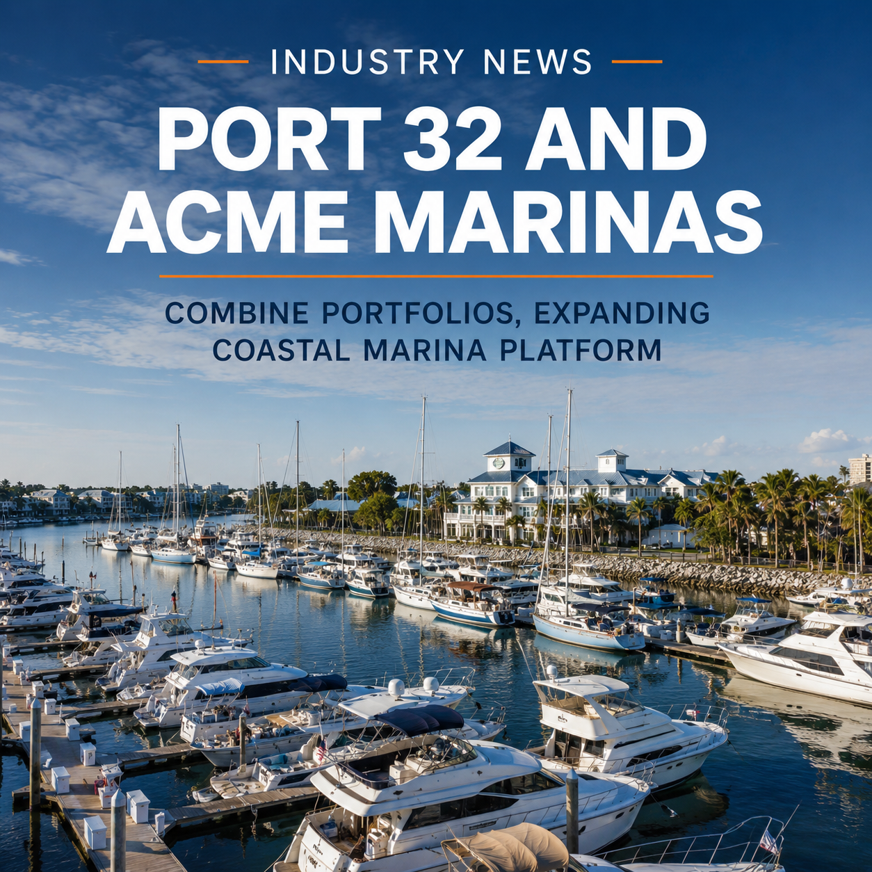 Luxury marina with boats docked following the announcement of the PORT 32 and Acme Marinas portfolio merger.