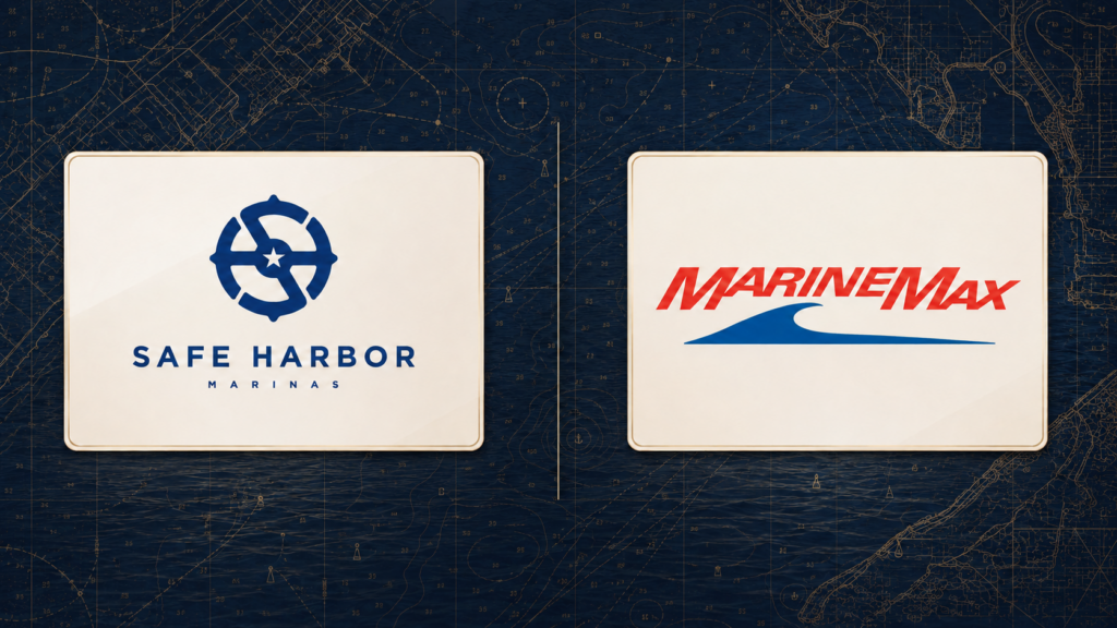 Safe Harbor Marinas and MarineMax logos over a nautical chart for the proposed $1.5 billion acquisition.