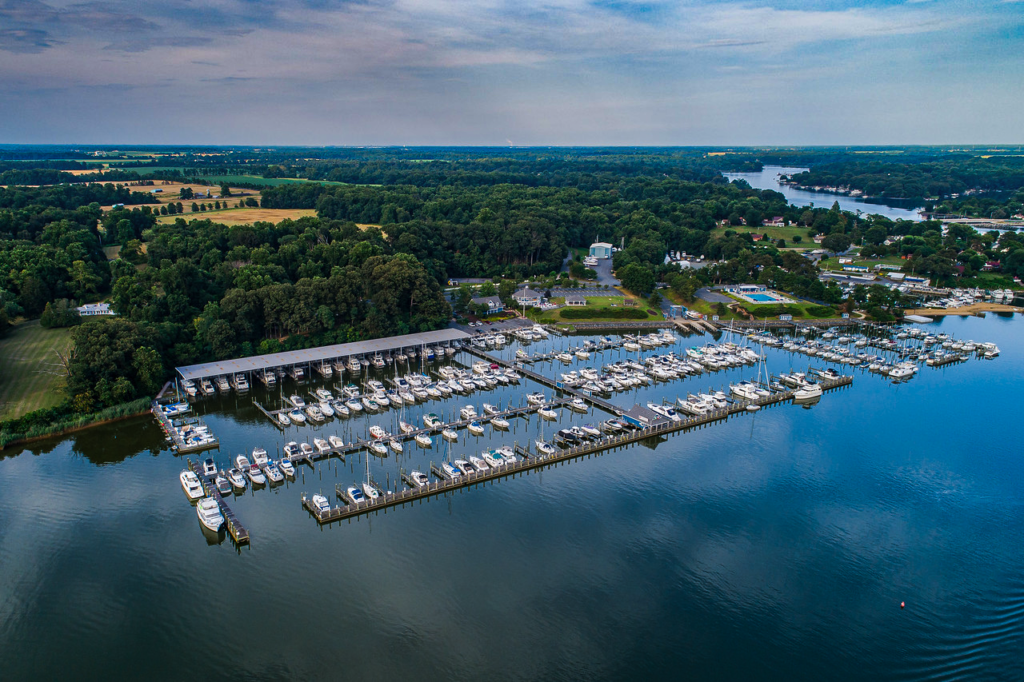 Aerial view of Skipjack Cove Marina in Georgetown, Maryland on the Sassafras River