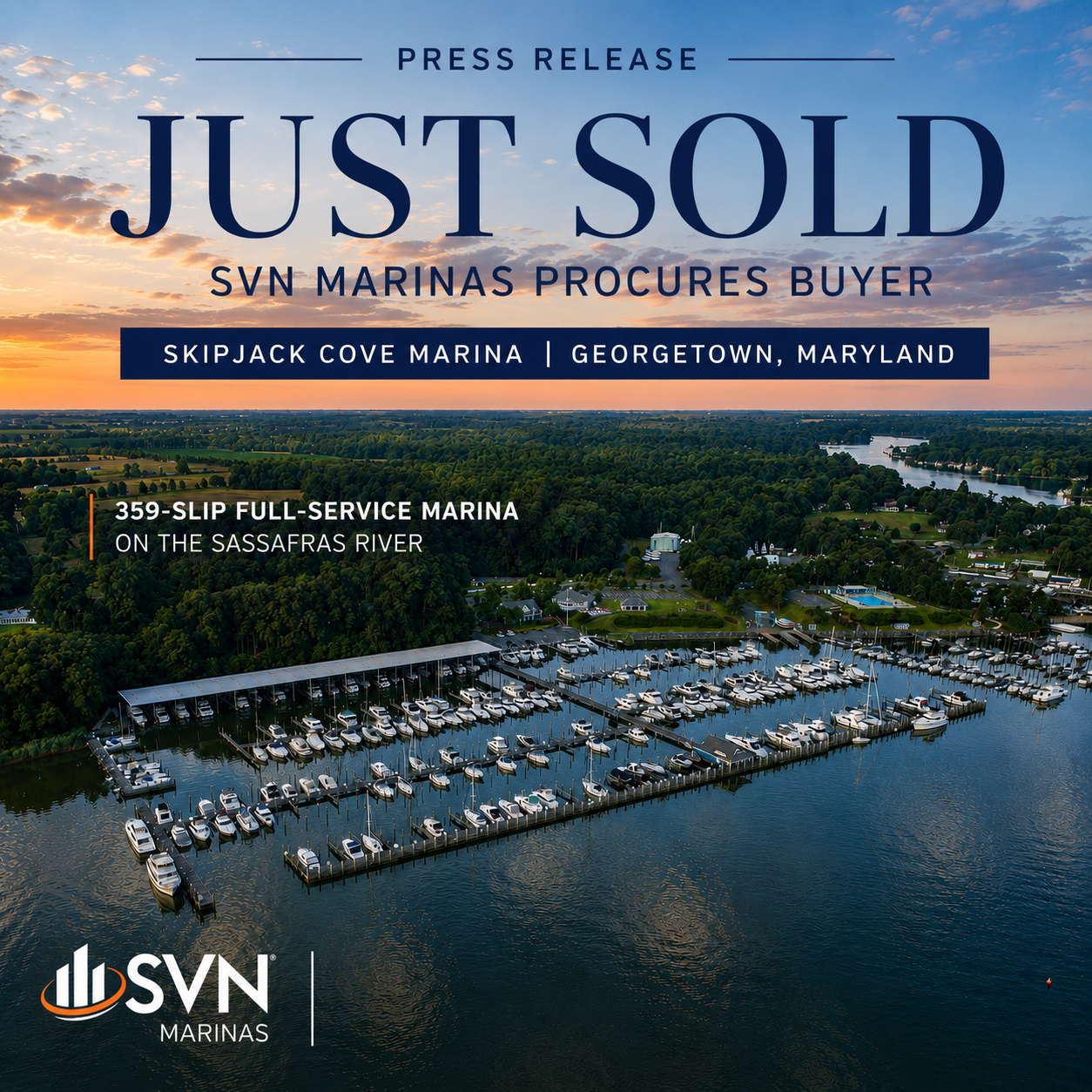 Skipjack Cove Marina sale announcement featuring the 359-slip marina in Georgetown, Maryland